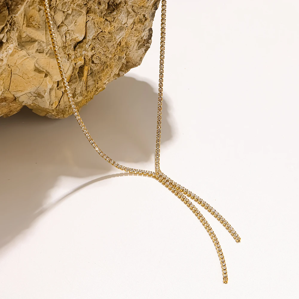 Sparkling 18K Gold Plated Full Pavé Zirconia Tassel Tennis Necklace Stainless Steel Chain Luxury Dainty Jewelry for Women Party