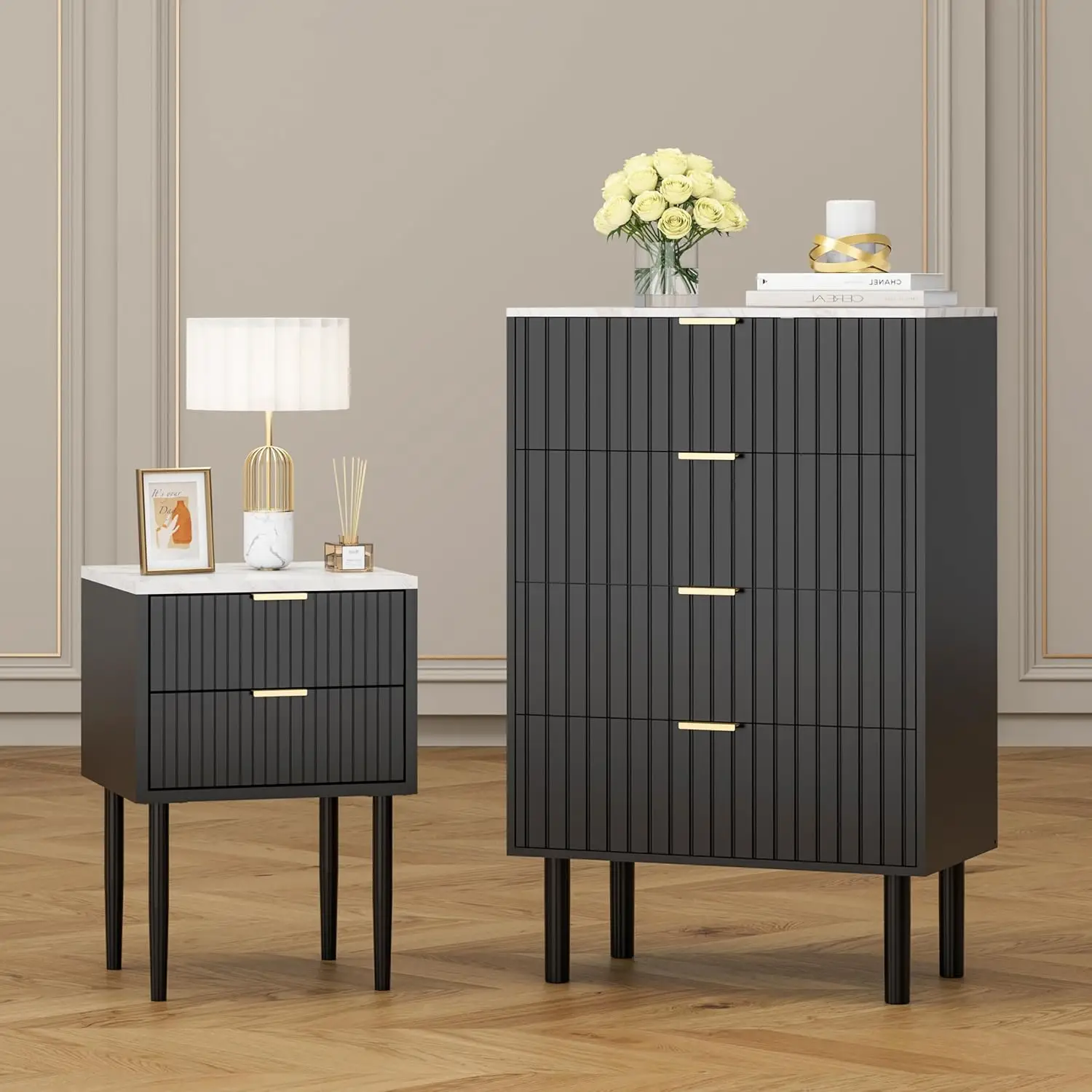 Black Matching Dresser and Nightstand Sets 3 Piece,Modern Grooved Stripes,Marble Texture Top,Gold Handles, 4 Drawer for Bedroom