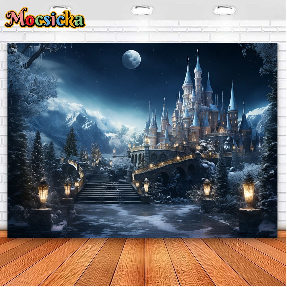 Mocsicka Winter Christmas Photography Background Princess Castle Moon Holiday Party Family Adult Photo Backdrops Studio Props