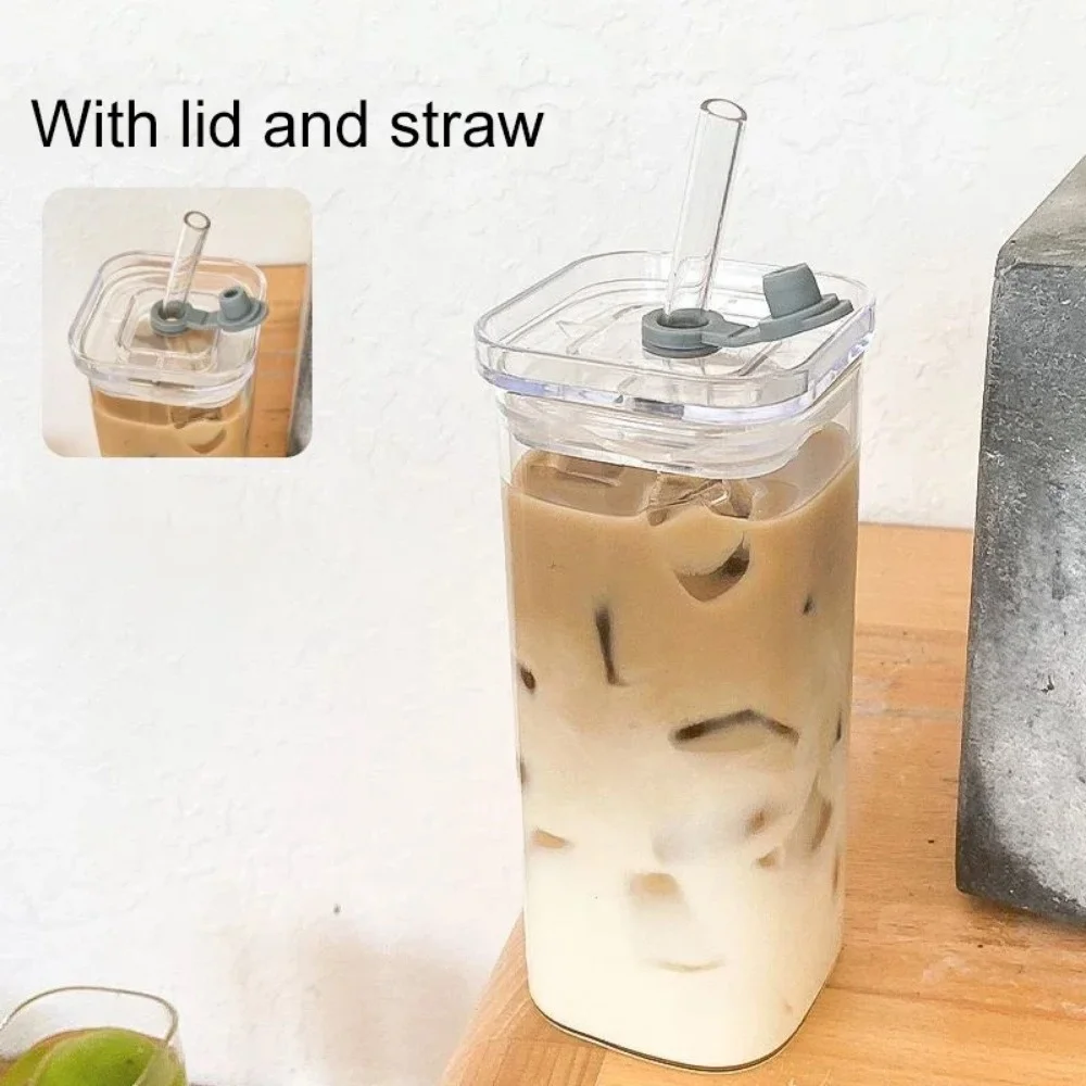 Square Heat Resistant Coffee Glass Cup With Lid and Straw 1pc Heat Resistant Glass Cup For Milk Tea Juice Iced Coffee & Smoothie