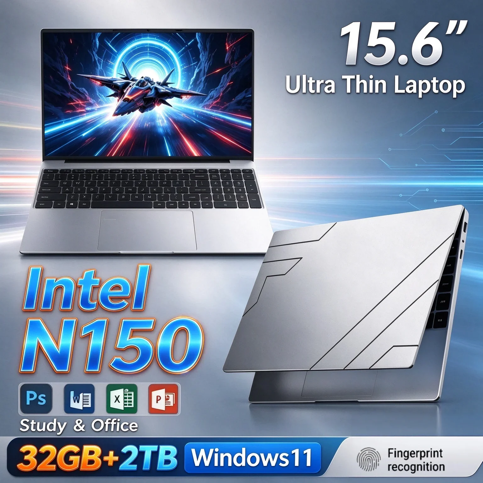 15.6 Inch FHD 1920x1080 Ultra Slim Laptop Intel N150 32GB RAM 1TB/2TB SSD Windows11 Notebook PC Student Office Gaming Computer