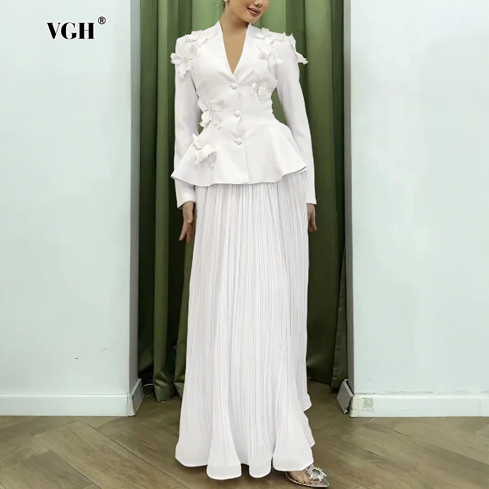 VGH Chic Two Piece Set for Women V Neck Long Sleeve Spliced Appliques Coat High Waist Pleated Mesh Elegant Skirt Suit Female New