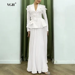 VGH Chic Two Piece Set for Women V Neck Long Sleeve Spliced Appliques Coat High Waist Pleated Mesh Elegant Skirt Suit Female New
