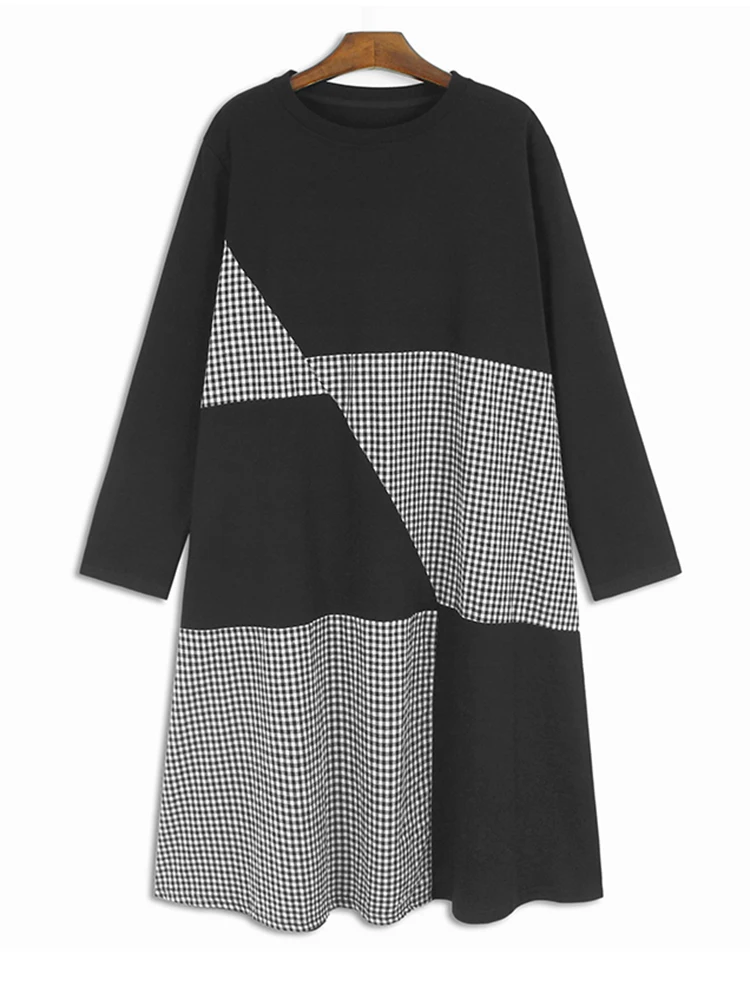 Women Black Plaid Spliced Big Size Midi Casual Dress New Round Neck Long Sleeve Fashion Tide Spring Autumn