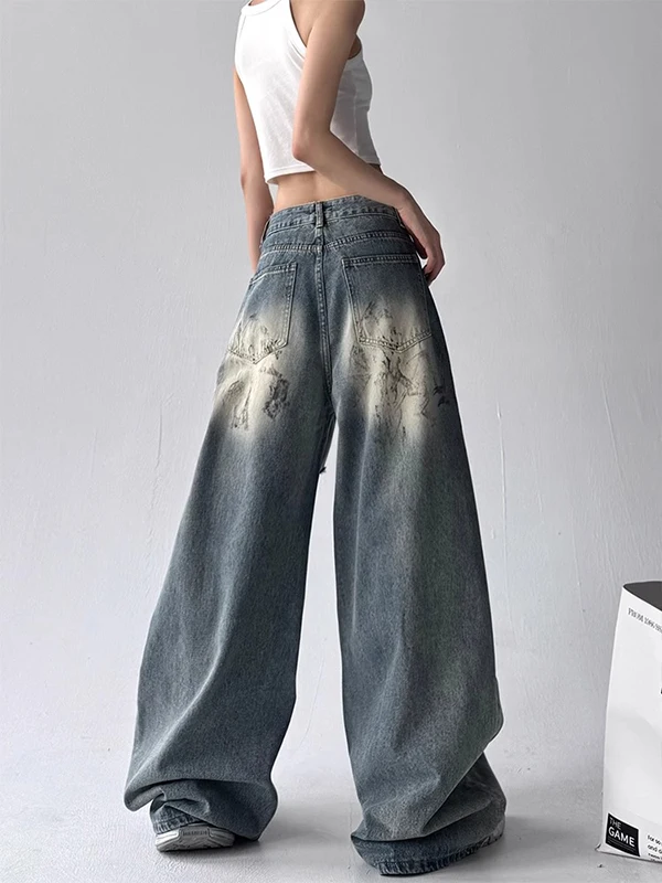 

American Sle Trendy Hot Girl Jeans Women's Summer New Loose Wide Leg Straight Cut Floor-Length Pants High Waist Casual Jeans