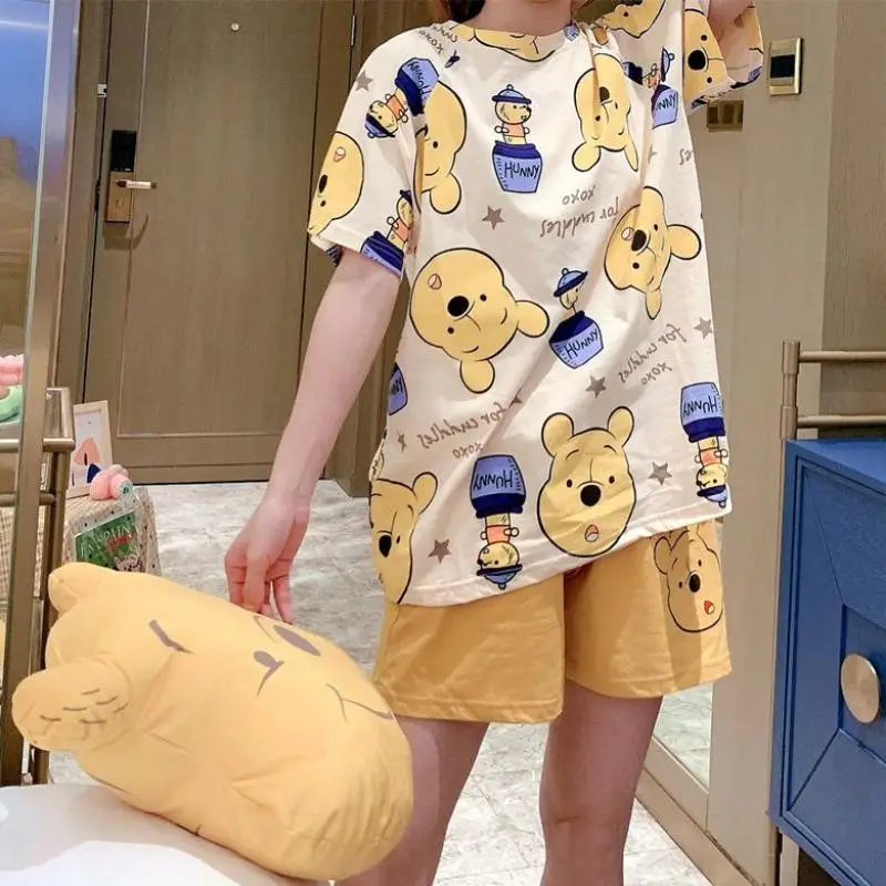 Kawaii Disney Pooh Bear Pajamas for Women Summer Thin Short-Sleeved Shorts Set Cartoon New Loose Pajamas Can Be Worn Outside