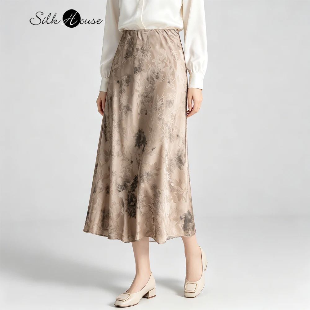 2026 Women's Casual Summer Clothing Light Luxury 100% Natural Mulberry Silk Jacquard Satin Light Brown Blending Slant Cut Skirt