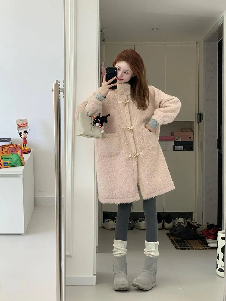 Korean Style Loose Fit Thickened Winter Coat Women's Pink Lamb Fur Button up Hooded Jacket Lazy Chic Commute Fashion