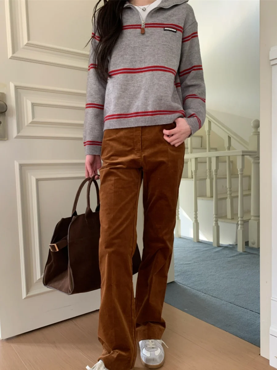 

MNAN Autumn Winter New Street Faion Commute Simple Brown Corduroy Pants Straight Leg Casual Trousers for Women