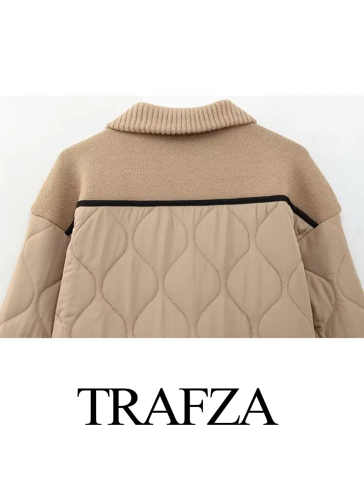 TRAFZA Women New Fashion Splicing Cotton Coat Winter Woman Buttons Zipper Pocket Decorate Sewing Jacket Warm Thick Overcoat