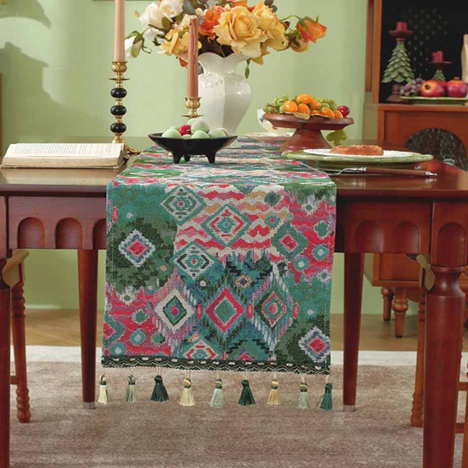 French Retro Yarn-dyed Jacquard Tassel Table Runner,Table Runner for Party Wedding Festivals Christmas Decor