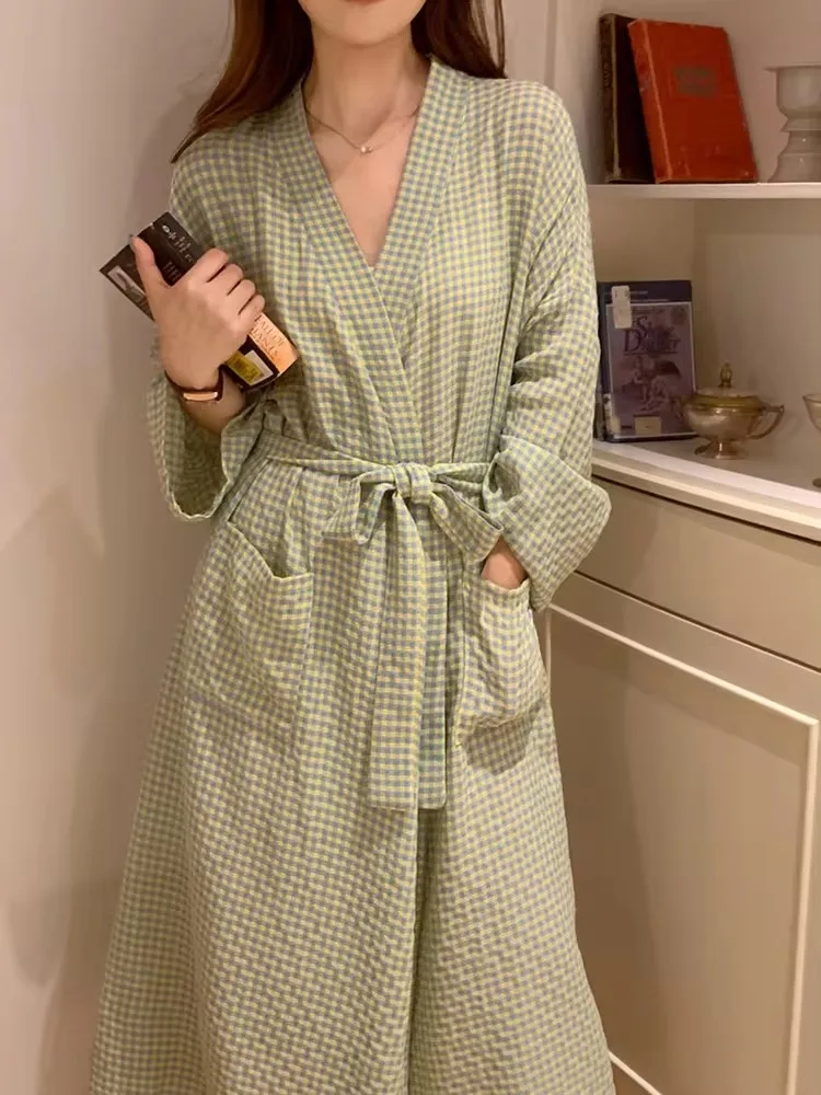 Home Soft Summer Stripe Long Sleeve Plaid Sleepwear Women Elegant Casual Long nightgown Korean Style Simple Sweet Sleep Tops Ins