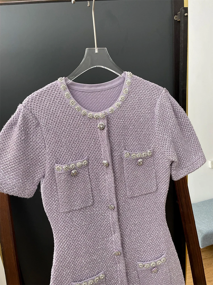 Fashion Commuter Purple Dress Women 2023 Autumn New High Quality Sequin Buckle Knitted Short-Sleeved Hip Slim-Fit Elegant Skirt