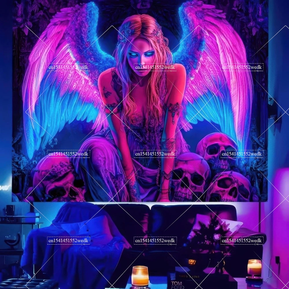 Gothic Angel Wings Girl Blacklight Tapestry UV Reactive Glow In The Dark Spooky Skull Neon Tapestries Posters Party Backdrops