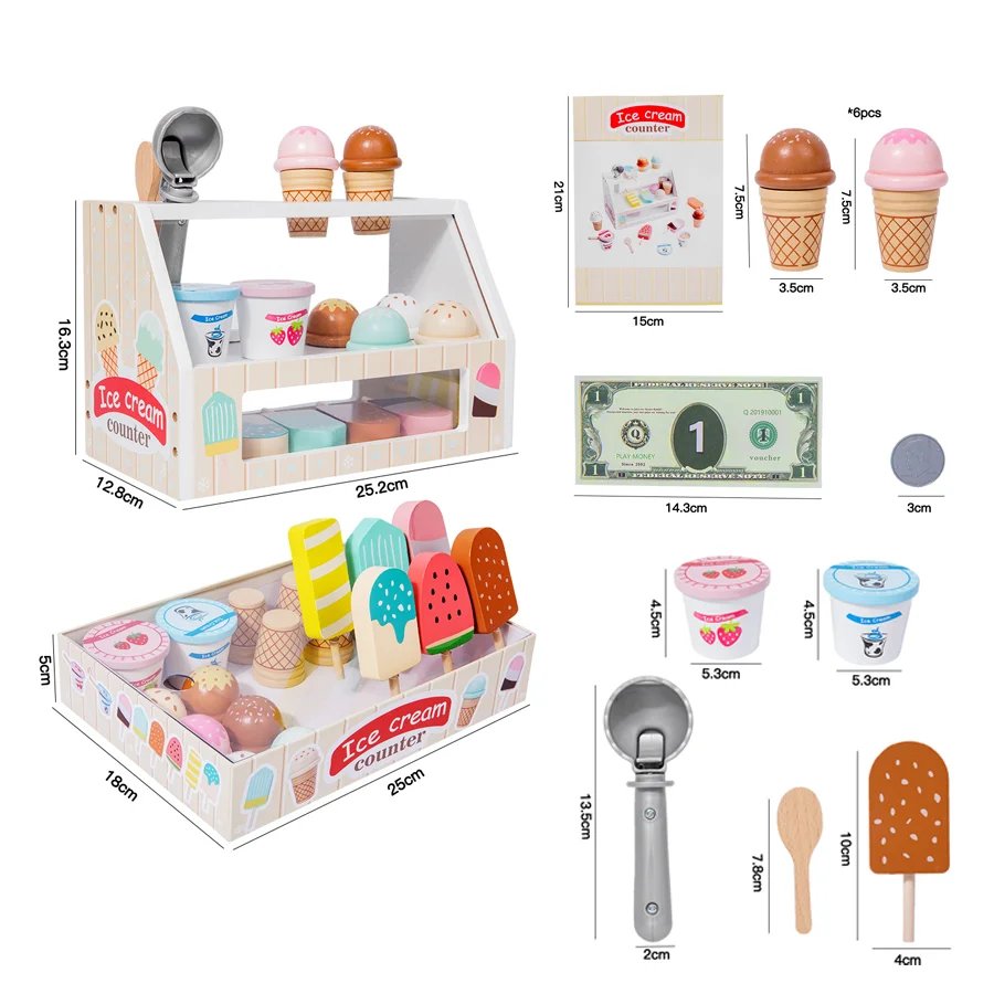 Simulation Ice Cream Tray Set Children Pretend Play Shopping Wooden Ice-cream Cone Kitchen Food Toys for Kids Educational Gifts