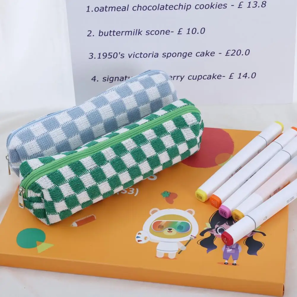 Трикотажная Шахматная сумка для ручек, хранение макияжа, канцелярские принадлежности для студентов, чехол для карандашей, школьные принадлежности