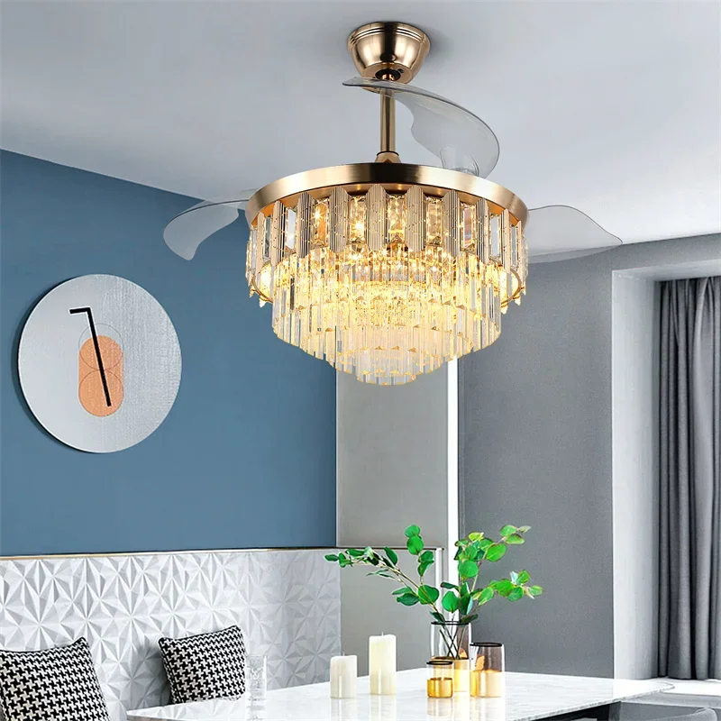 

Modern Crystal Ceiling Fan Light with Remote Control 42 -inch Round Chandelier for Living Room Bedroom Indoor Decor Light