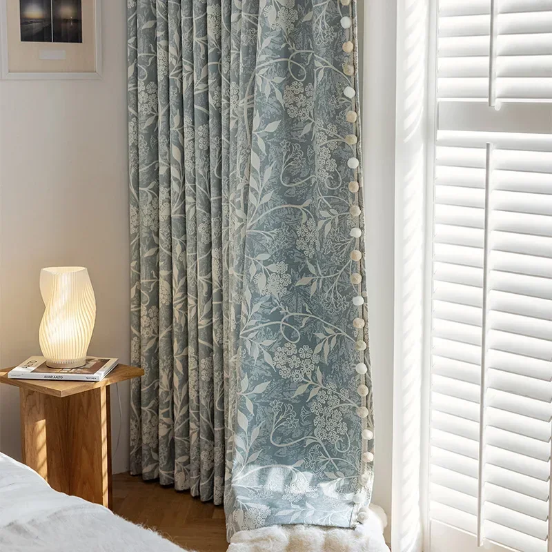 Customized Blue Plant Jacquard Thickened Chenille Blackout Curtains for Living Room Bedroom French Window Balcony Bay Window