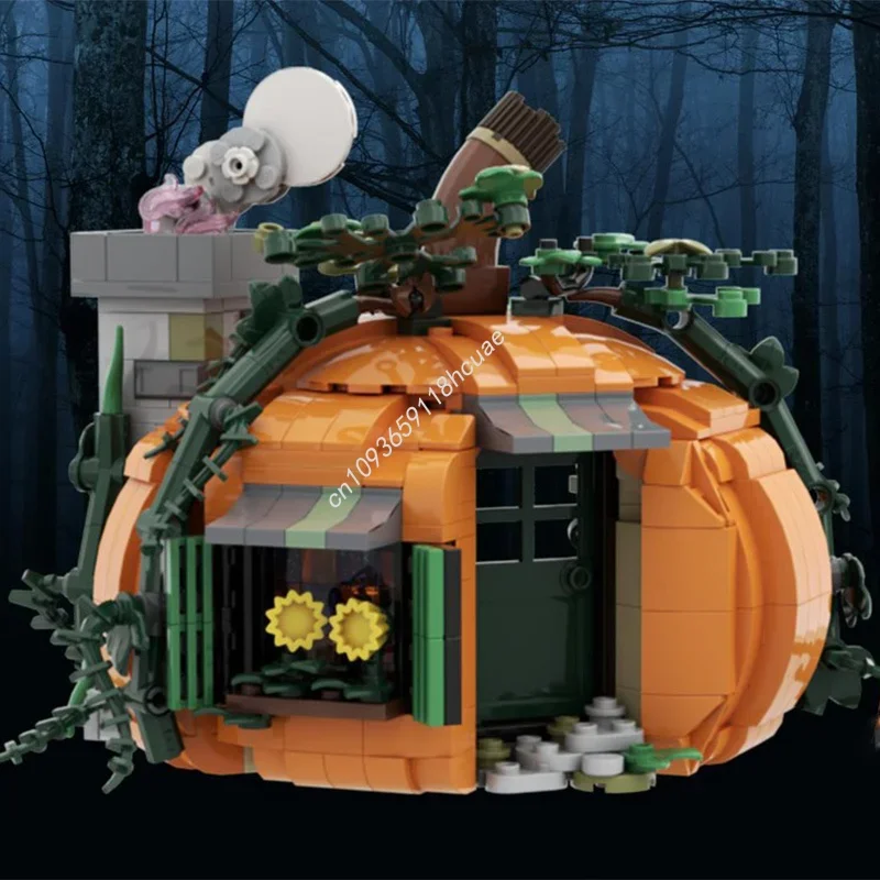 739 elementów MOC Jesienne Miasteczko: Dyniowy Dom, Klocki do Budowy na Halloween, Prezent Świąteczny, Kreatywny Model DIY Idealny dla Dzieci
