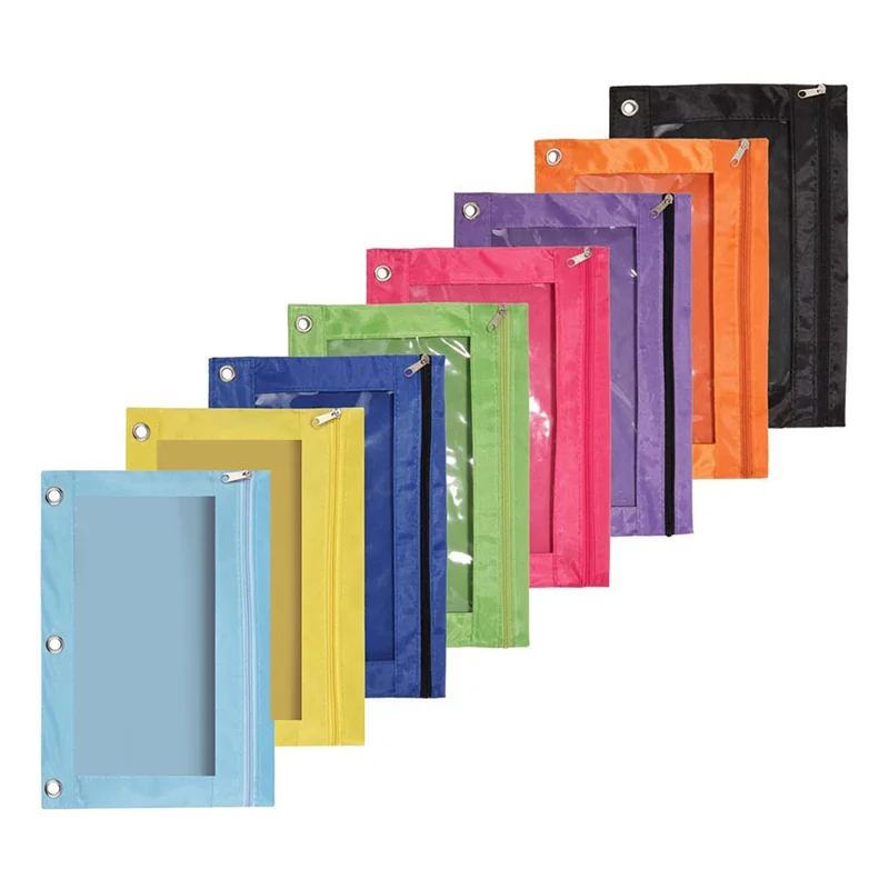 

A27U Hot 8 Pcs 3 Ring Zipper Pencil Pouch Colorful Fabric Pencil Case Sturdy and Binder Pouch with Clear Window