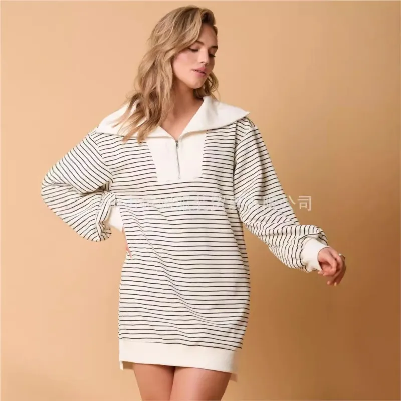 Abito ampio Stile semplice Abiti a righe 2025 Donna Risvolto Moda Casual Pendolarismo Homewear Abbigliamento per la casa Maniche lunghe