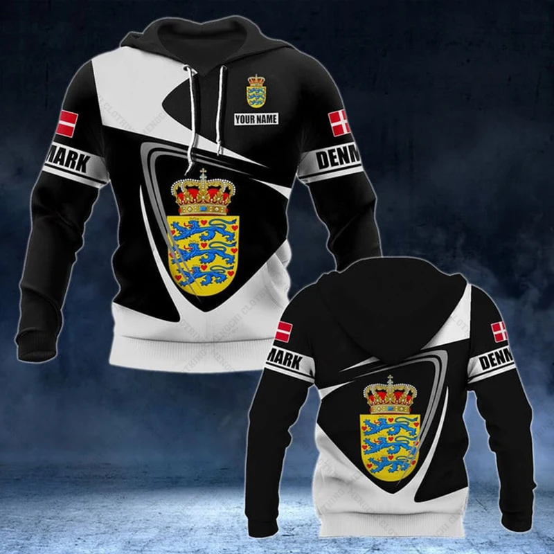 

Custom Name Denmark Shield Graphic Hoodies Oversized Men and Women Winter Casual Long Sleeve Tops Outdoor Daily Streetwear
