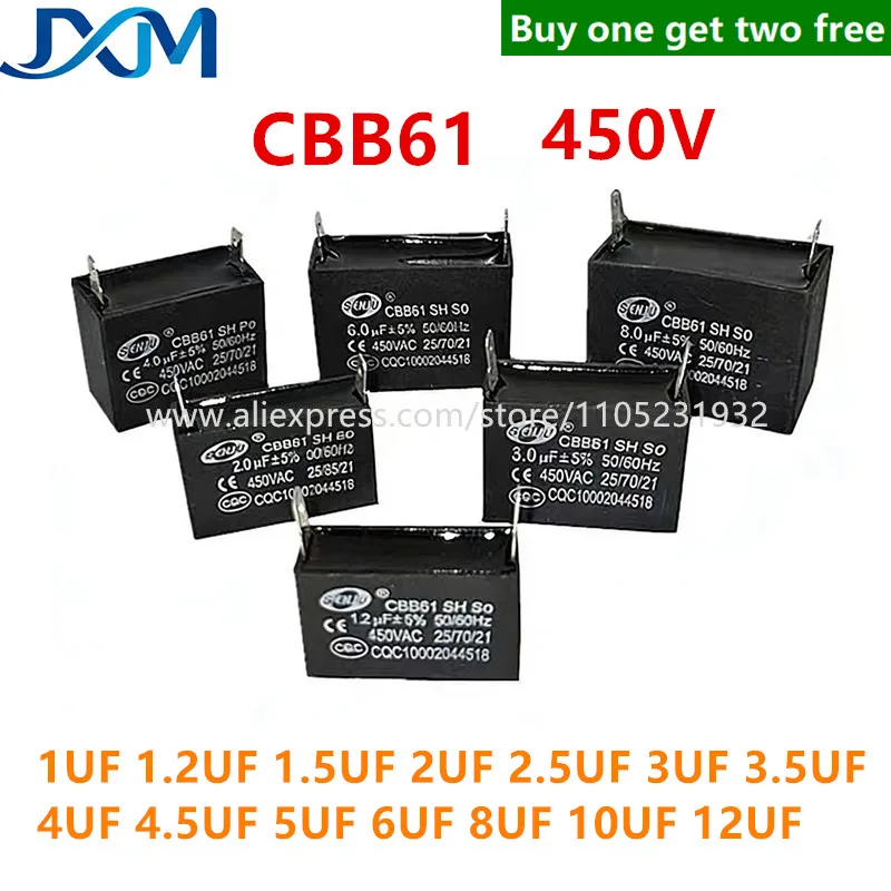 2pcs/lot CBB61 Fan Start Capacitor Motor Run Capacitor 450V 1UF 1.2UF 1.5UF 2UF 2.5UF 3UF 3.5UF 4UF 4.5UF 5UF 6UF 8UF 10UF 12UF