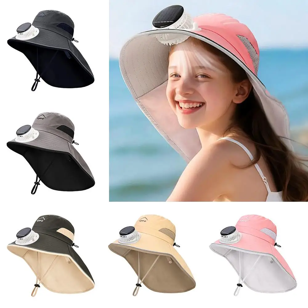 

Outdoor Wide Brim Kids Sun Hat Cooling With Neck Flap Fisherman Hat Breathable Solar Powered Fan Hat for Boys & Girls