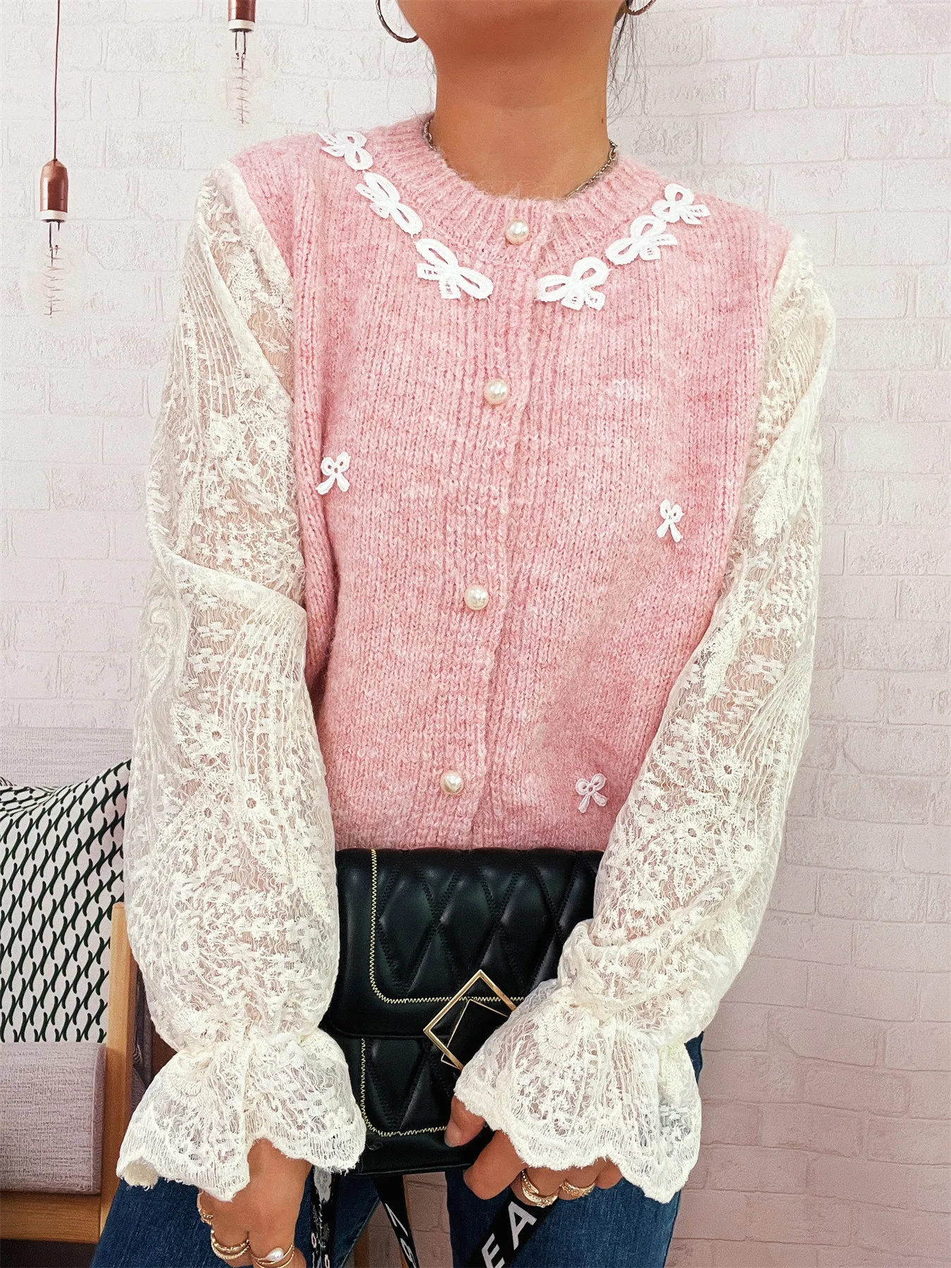 

2026 Women's Clothings Elegant Commute Cardigan Lace Sleeves Bow Knot Button Front Knit Sweater Casual Party Club Autumn Tops