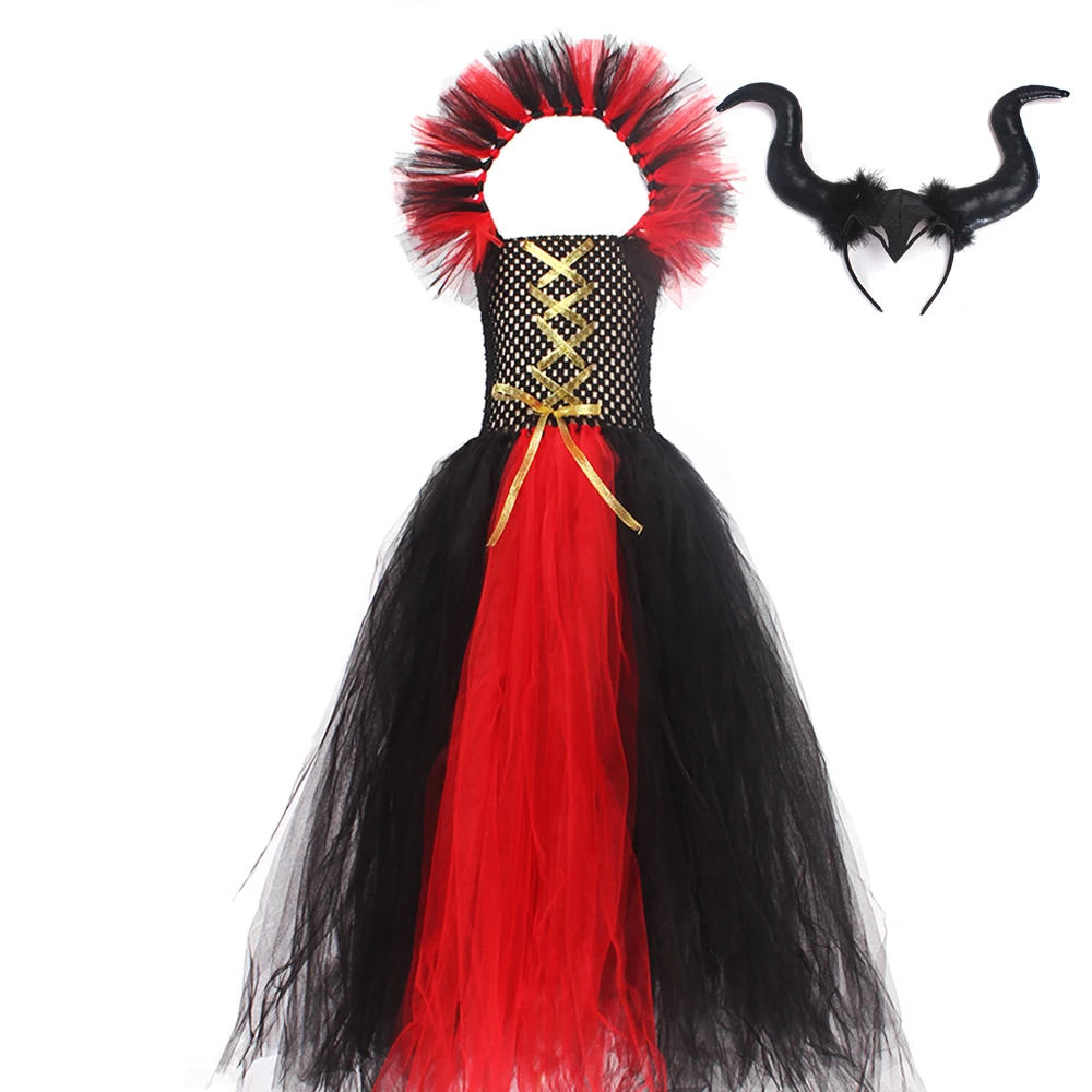 Girls Wicked Witch Fancy Dress for Children Evil Queen Halloween Tutu Costume Kids Devil Cosplay Outfits with Horns Wings Cloth