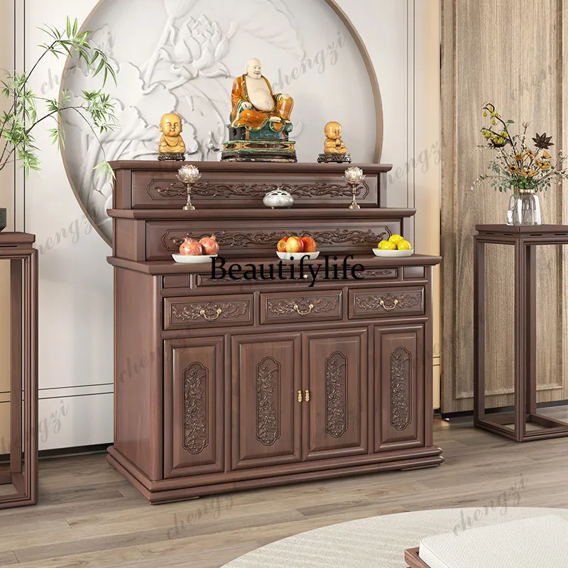 Simple solid wood tribute platform, shrine table cabinet, three-layer Tibetan Buddha table, ladder supply table