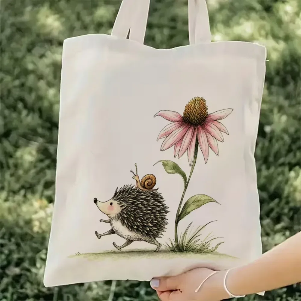 

1pc Hedgehog & Snail Print Tote Bag - Eco Friendly Reusable Durable Shoulder Bag for Women Travel Work Commute Daily Use
