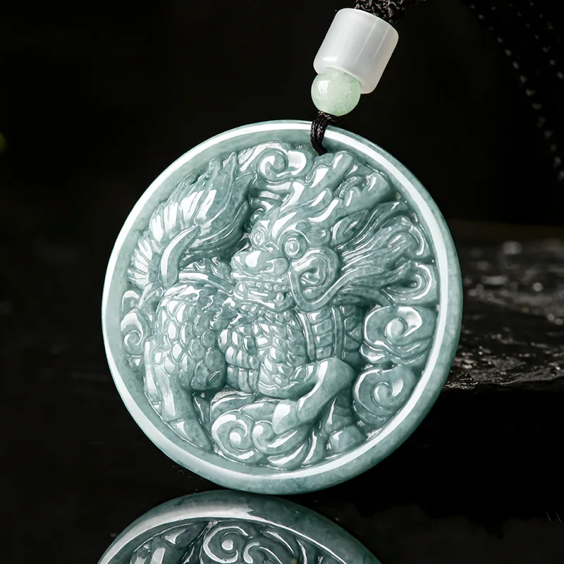 Natural A-grade Jadeite Blue Water Qilin Ice Jade Pendant Welcoming Blessings Men's Charms Women's Gifts Jewelry Drop Shipping