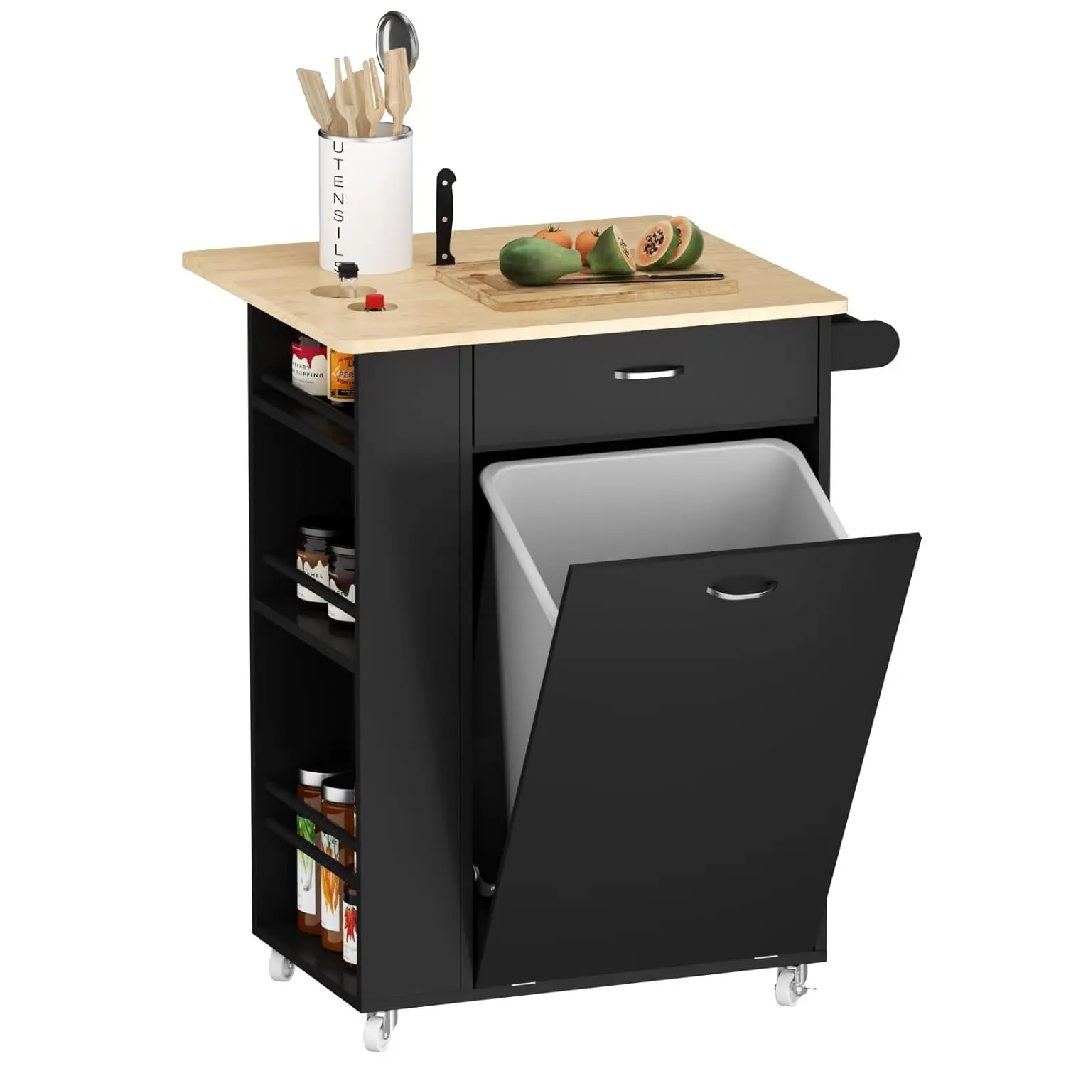 

Kitchen lsland with Drop Leaf, Trash Cabinet Tilt Out 10 Gallon Storage, Portable Cart with Rubberwood Top, Spice Rack