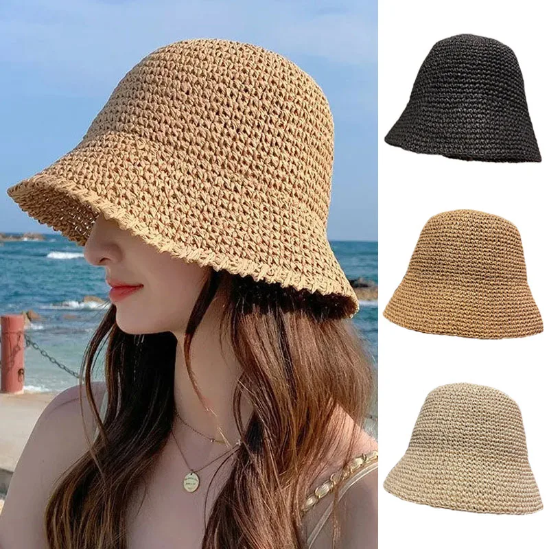 Solid Color Braid Bucket Hat For Women Summer Hollow Out Breathable Beach Hats Knit Dome Fisherman Caps Lady Sunshade Panama Cap