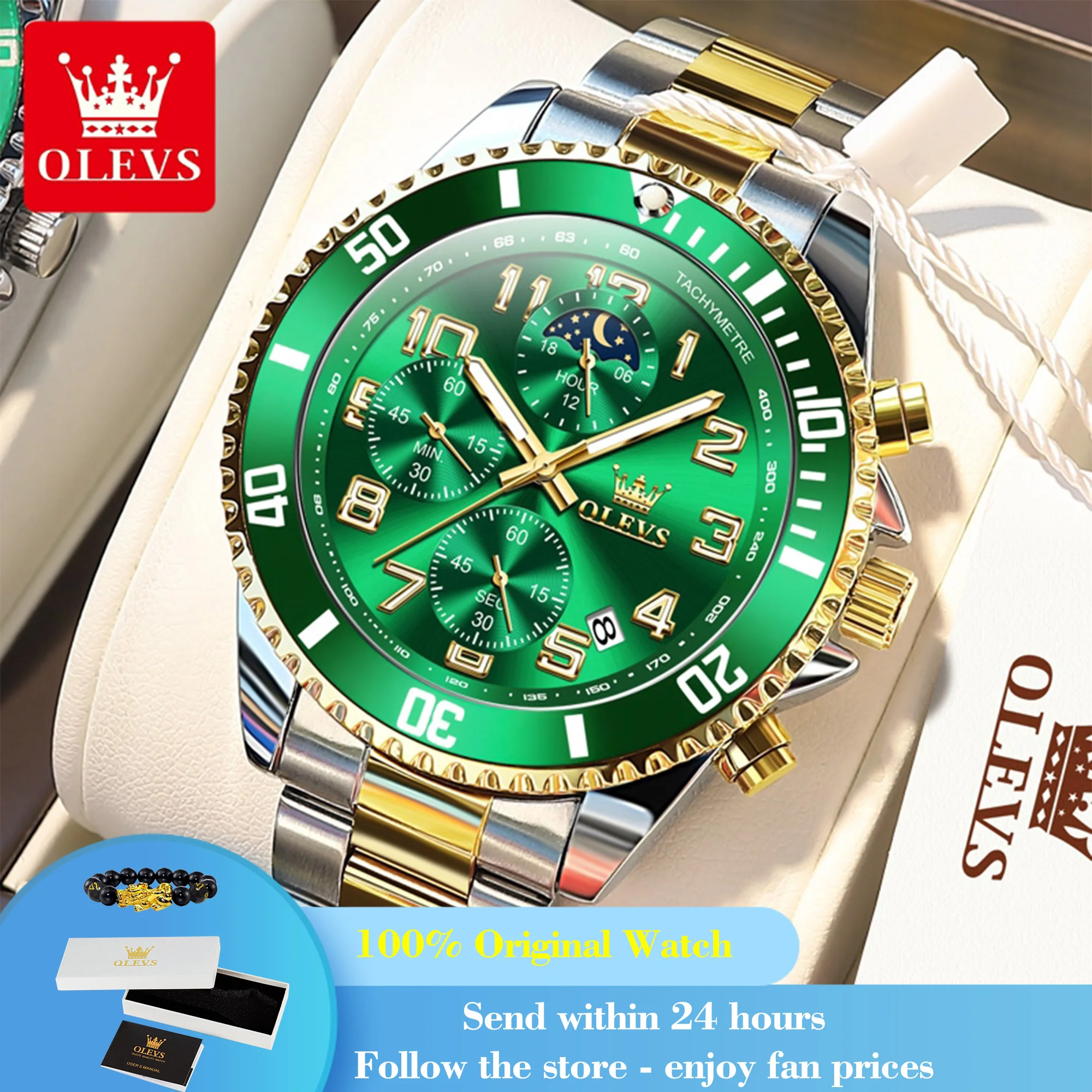 OLEVS 2926 Watch For Men Number Scale Moon Phase Date Quartz Man Watch 43mm Big Dial Chronograph Waterproof Fashion Wristwatch