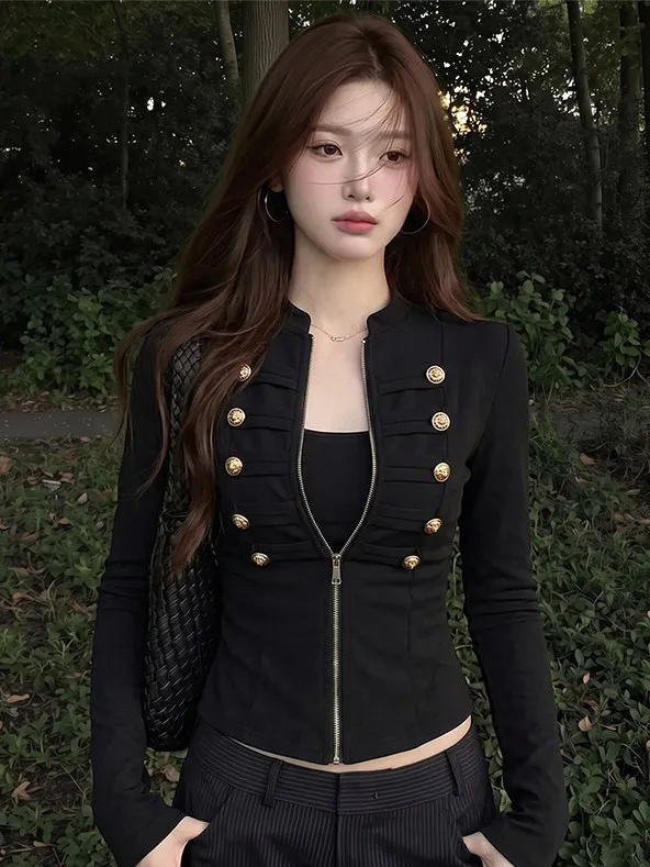 Black Metal Buckle Double Zipper Long Sleeve Stand Collar Women's Autumn Winter Design Sensation Shoulder Inward Waist Short ...