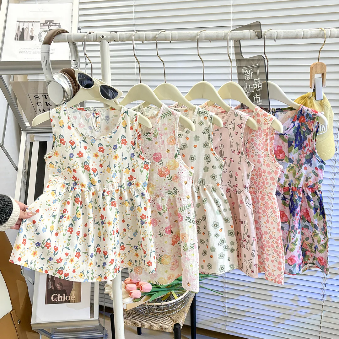 

Summer Girls Casual Princess Dresses Sleeveless Print Flower Costumes Kids Fashion Outfits