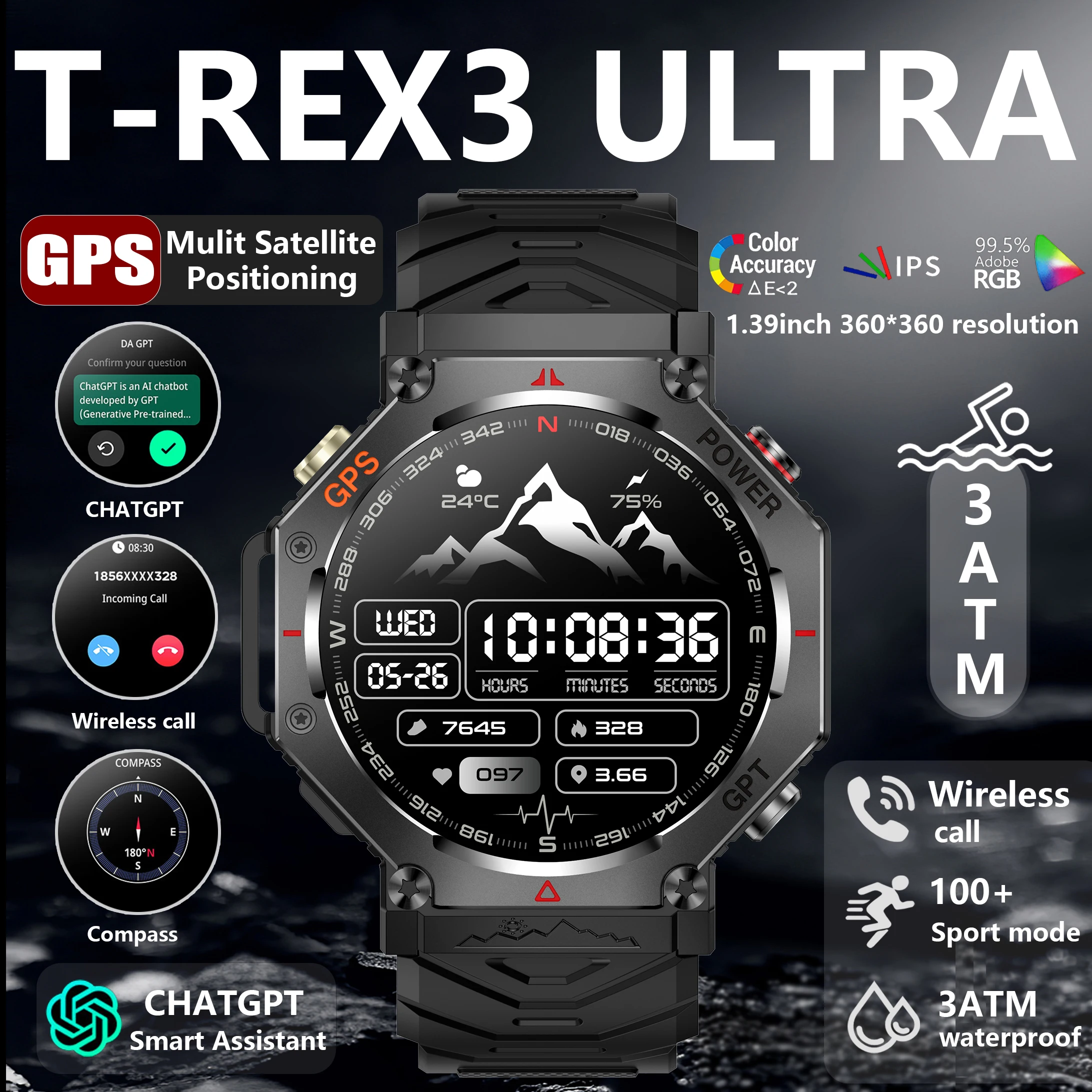 T-Rex3 Smart Watch 1.39-inch HD Screen 3ATM Waterproof Bluetooth Calls Built-in GPS Health Monitoring for Android iOS