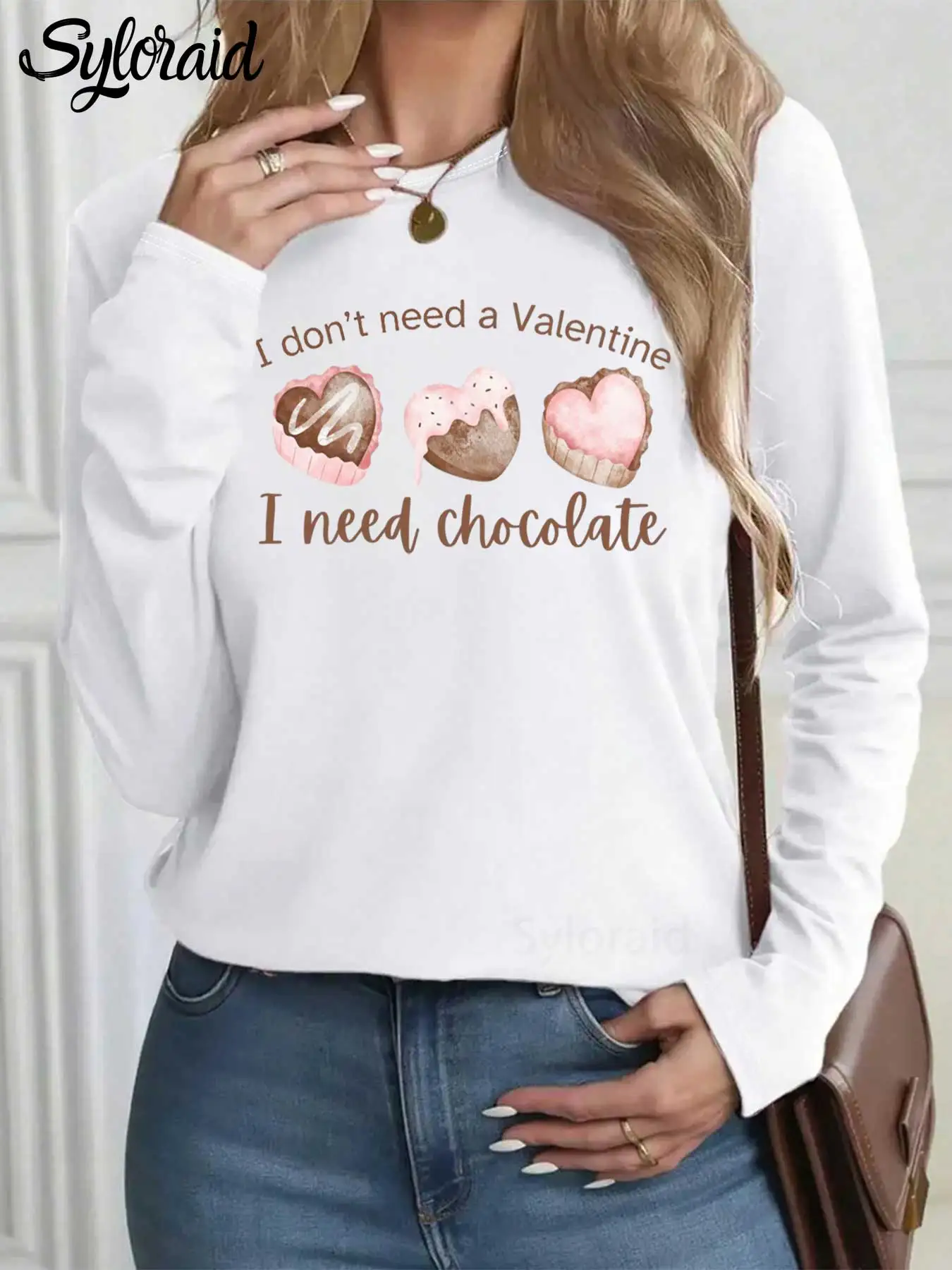 

Women's Long Sleeve T Shirt Pink Valentine's Day Heart Chocolate Print T Shirt Fashion Round Neck Casual Top