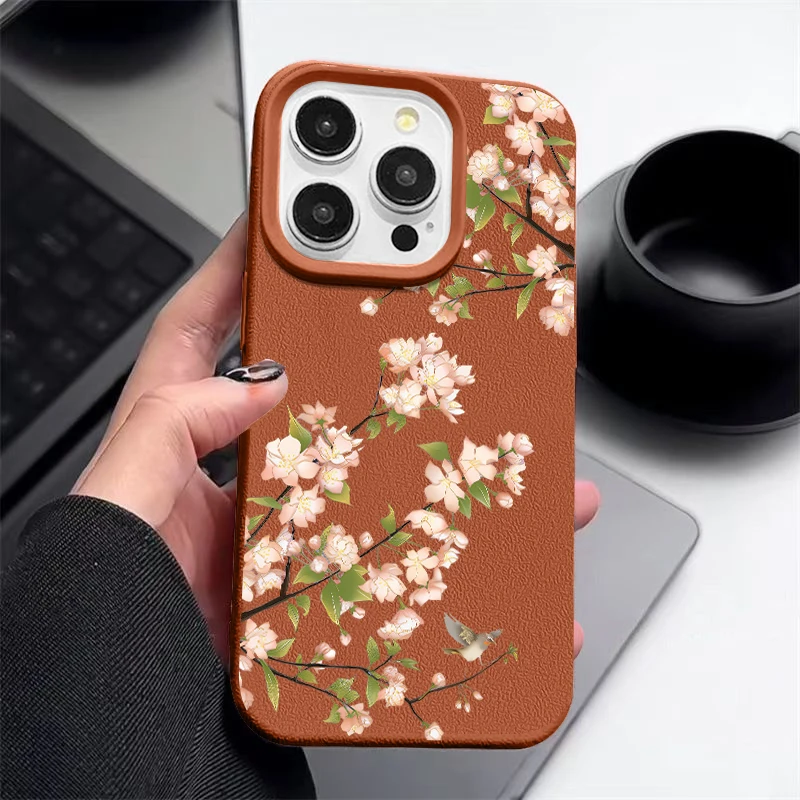 Cherry Blossom Print Sakura Case For iPhone 16 Pro Max Coque iPhone 15 Pro Max 14 13 12 11 Leather Texture Silicone Cover Fundas