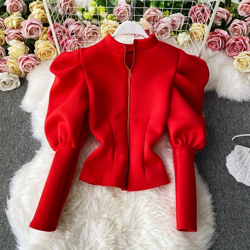 Weibliche Trendy Zipper Tops Shirts Dame Elegante Lange Puff Sleeve Winter Herbst Bluse Mode Büro OL Büro Schlank Party Tops