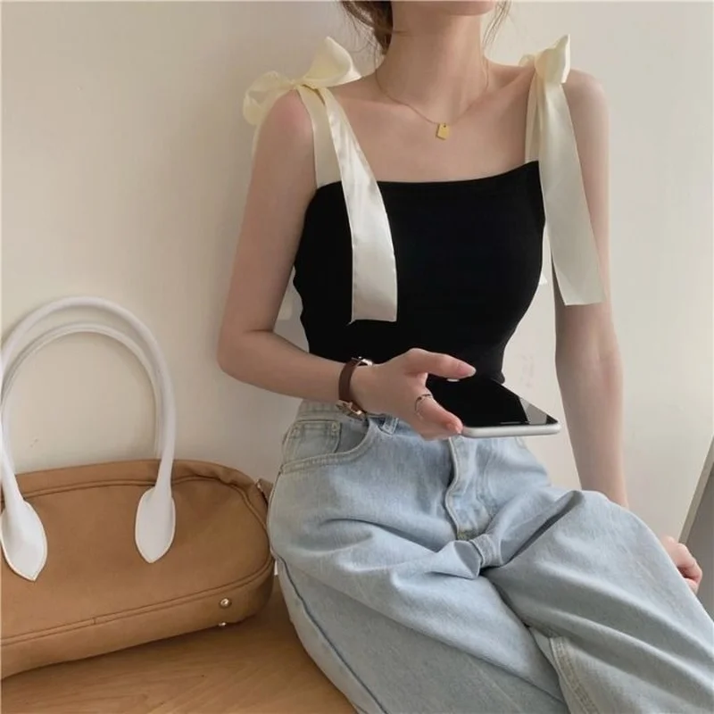 Bandage Bow Bustier Camisole Women Sweet Spicy Outwear Black Crop Tops Summer New Style Fitness Stretch Tank Top Woman