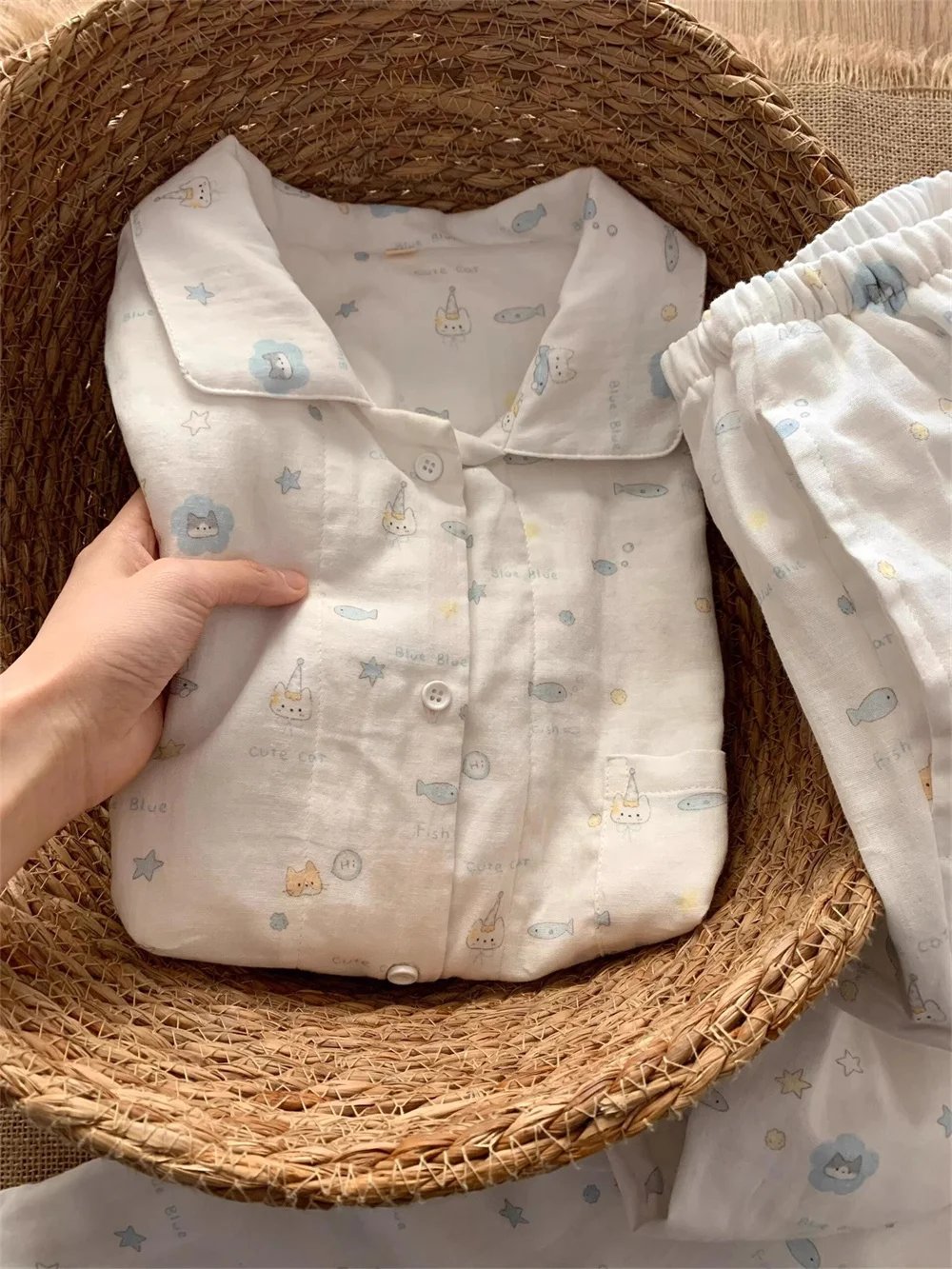 

Корейский Sle Long Sve с мультяшным принтом, женский весенне-осенний свободный удобный открытый кардиган, длинные брюки, домашняя одежда...