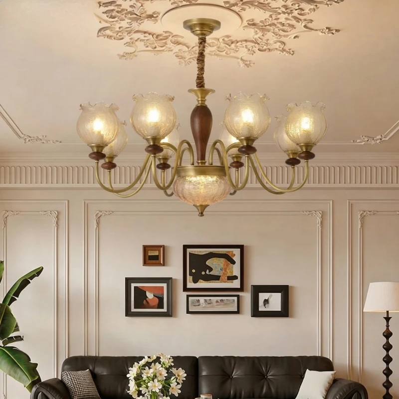 2026 French Style Full Brass Living Room Pendant Lamp Retro Dining Room Bar Chandelier Black Walnut Bedroom Loft Ceiling Fixture