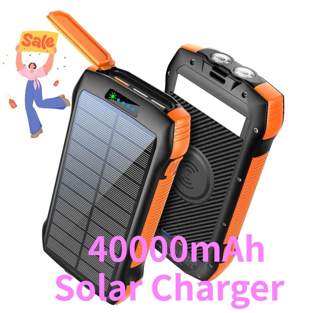 Power Bank 40000mAh Solar Charger with 15W Fast Wireless Charging PD 20W USB‑C, LED Flashlight, Water‑Resistant for Outdoor Use