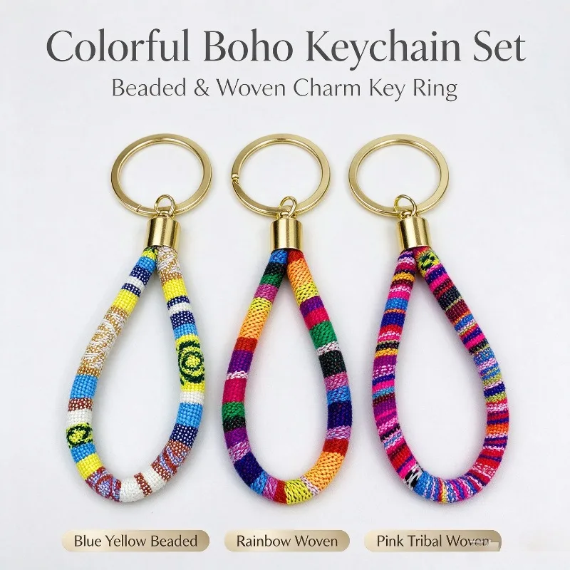 Colorful Boho Keychain Set Rainbow Beaded Woven Charm Key Ring Fashion Handbag Pendant Gift Key Accessory for Women