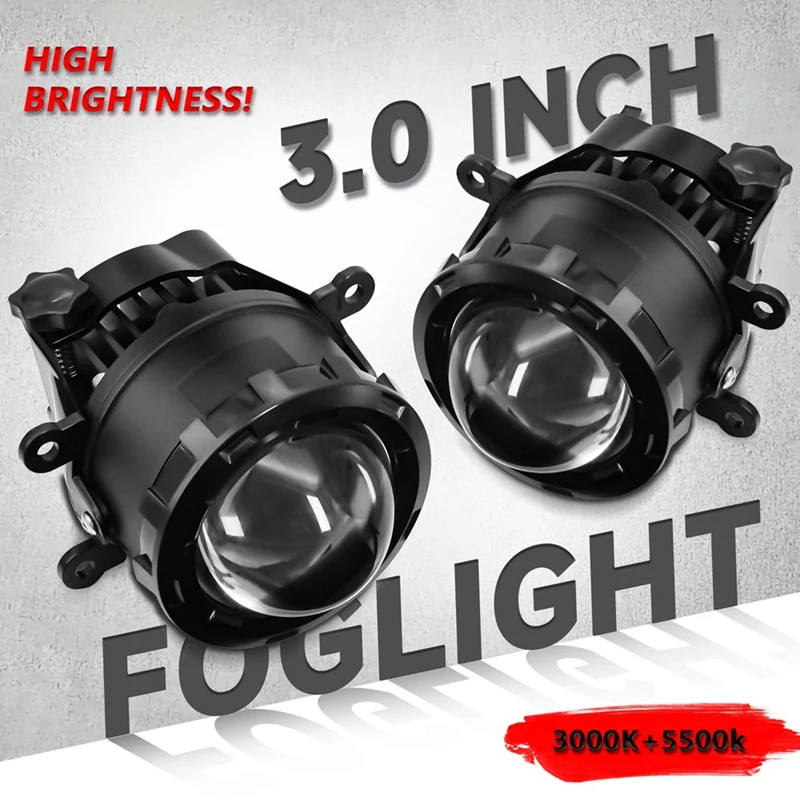 NEW-Universal 3 Inch Hyperboloid LED Fog Lights HID LED Projector Lens High+Low Beam Fog Lamp 60W 6000LM IP68 9-16V