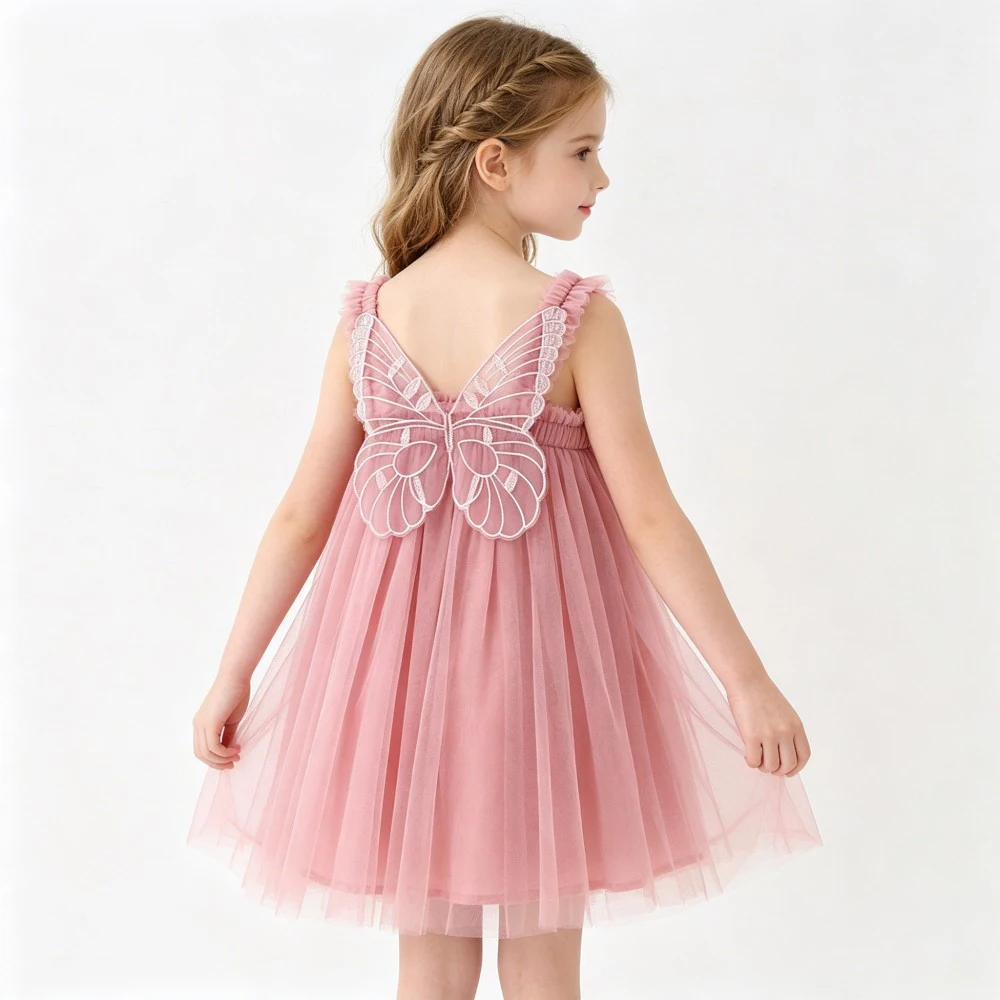 Trending Baby Girls Mesh Dress Sweet Butterfly Back Design Wedding Dress Toddler Party Dress Children Summer Casual Outfits