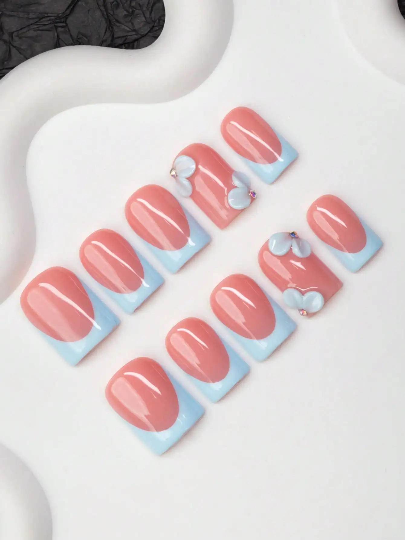 

10pcs/Set Handmade Square Nail Tips, Y2K Baddie Style, Nude & Blue Color French Tip With Floral Design, Suitable For Women & Gir